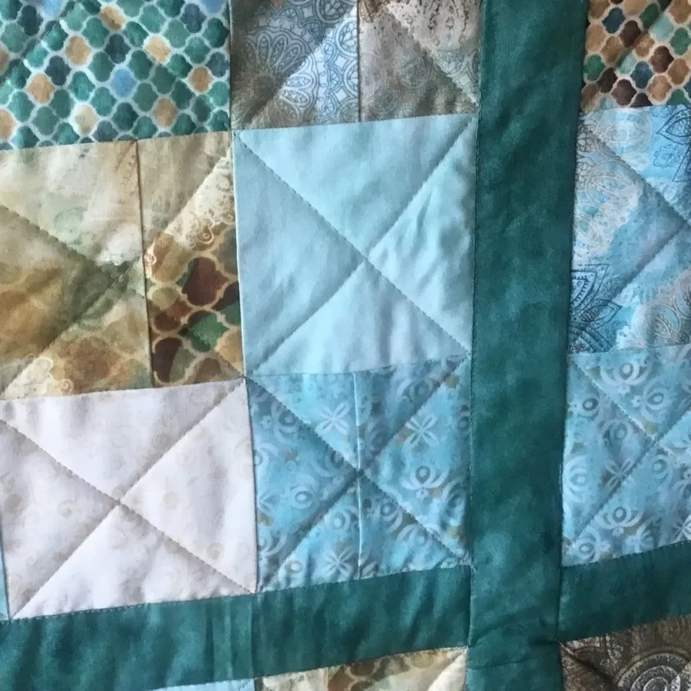NWT Hand Crafted Quilt in Teals and Tans